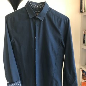 H&M long sleeve, button shirt, Navy blue with white polka dot accents